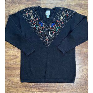 Vtg 80s Sweater Black Embellished Beaded Jewels Sequin Shoulder Pads M